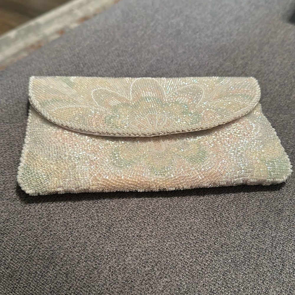 Robinsons Crystal beaded evening bag. ..beads are white, pink, greenish
